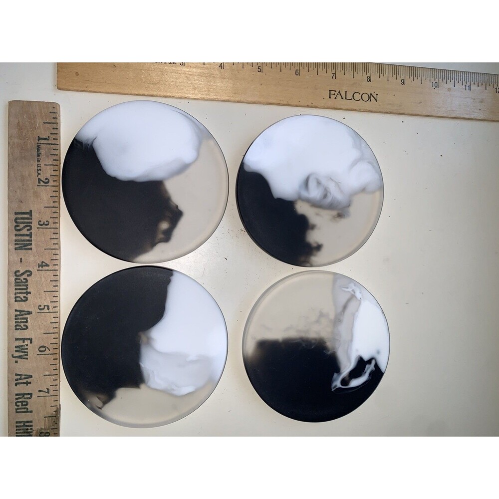 CB2 Kaine Resin Coasters 4x Round Epoxy Resin Art B/W Yin-Yang Ink Swirl Design